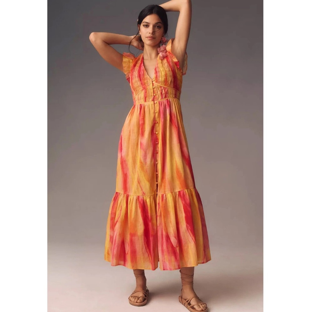 Anthropologie The Peregrine Red/Orange/Yellow Ruffle MIDI Dress NWT Size XLP